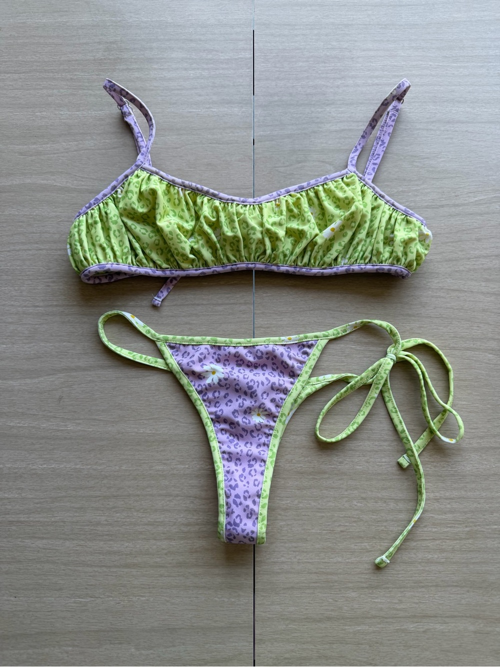 For Love & Lemons Green & Lavender Leopard Print Bikini Set XS